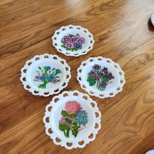 White Milk Glass Hazel Atlas Scallop Edge 8.25" Handpainted Cottagecore,Granny